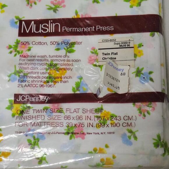 Floral White Muslin Permanent Press Twin Size Flat Sheet New Vintage JC Penney - Picture 1 of 4